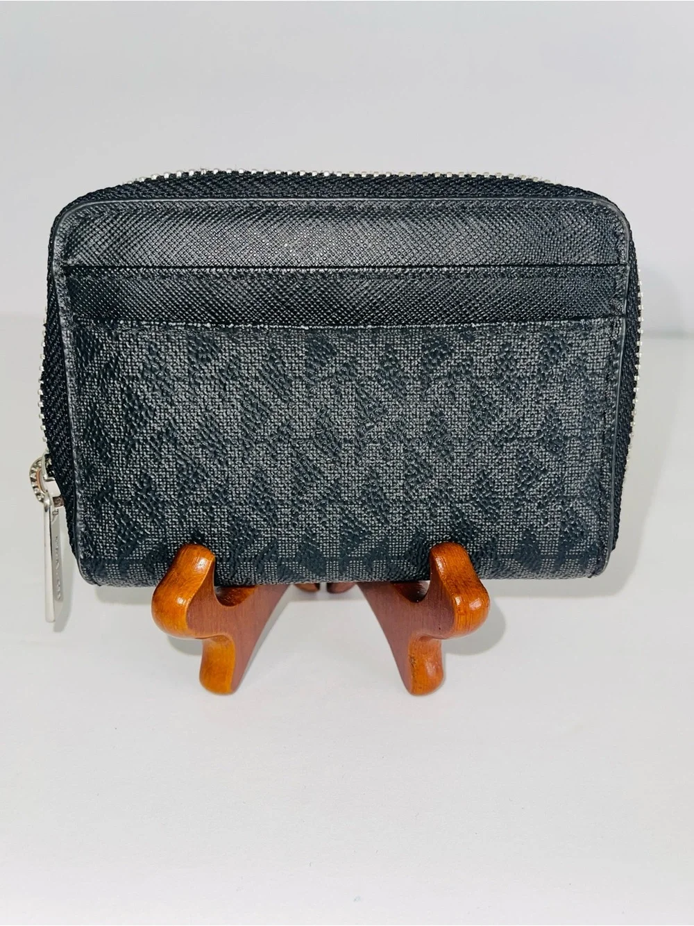 Michael Kors Jet Set Black Signature MK Logo Zip Around Card Case Wallet